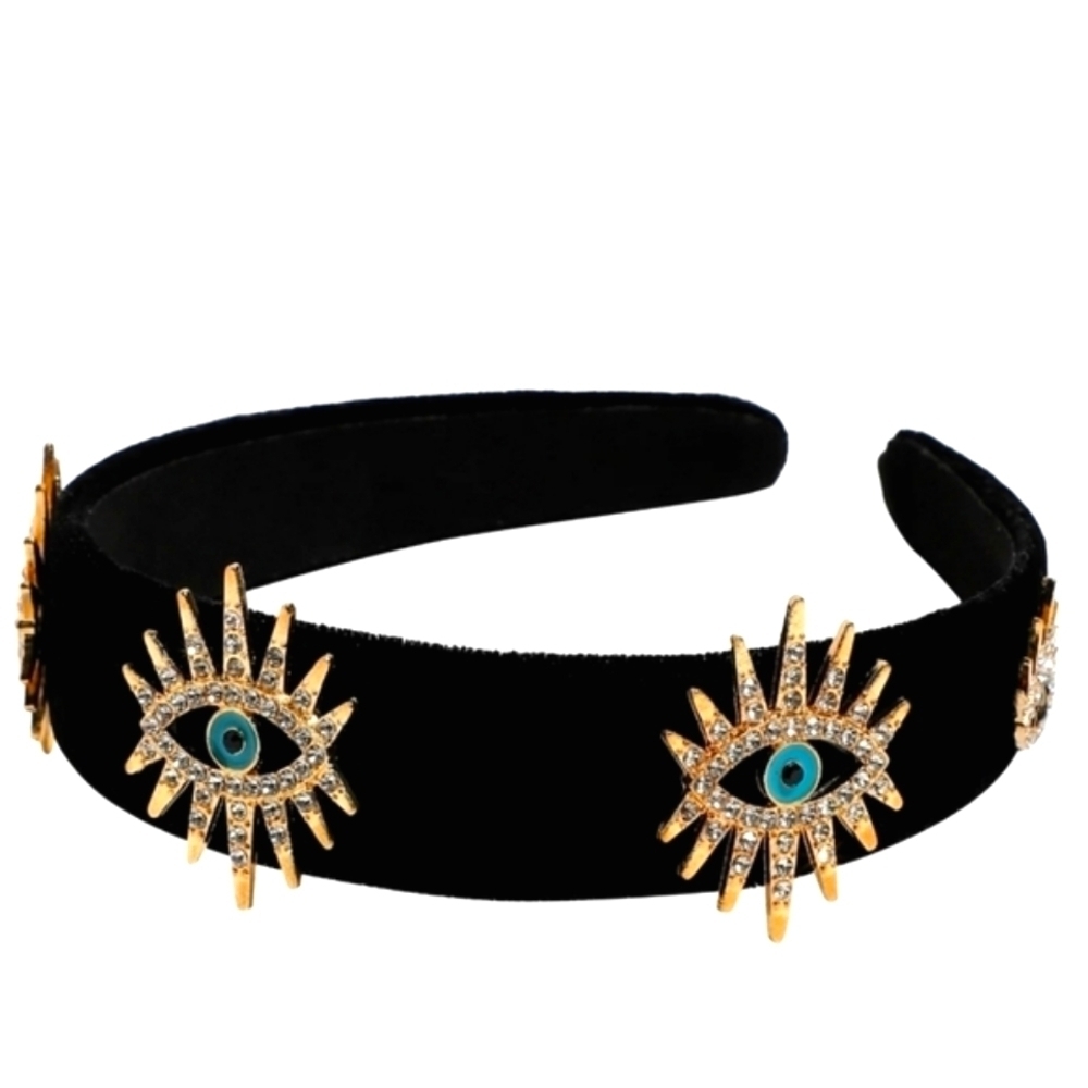 NEW! Black Vegan Velvet Gold  Evil Eye Brocade Headband Hair Accessory.